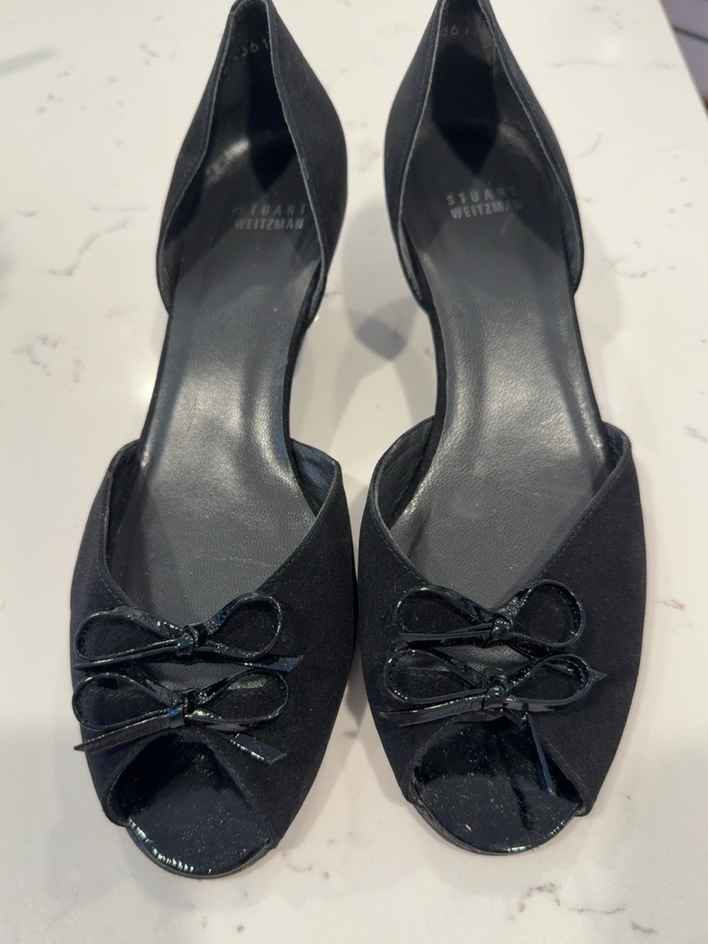 Stuart Weitzman Black Satin D’Orsay Peep Toe Kitten Heel Pumps Bow Size 9 Spain